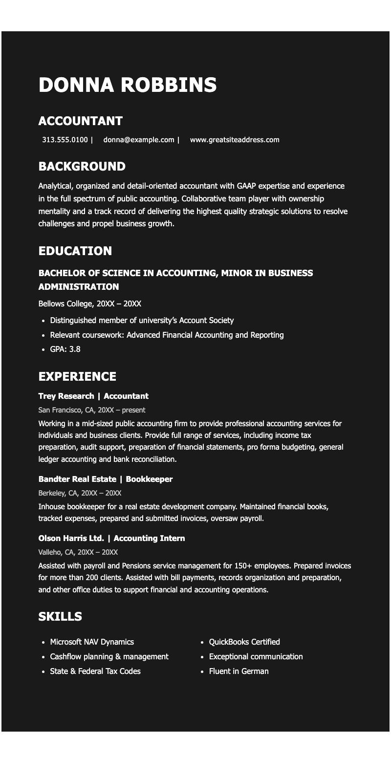 ATS finance resume - Professional dark-themed resume for accountants showcasing experience, education, and skills in a clean layout